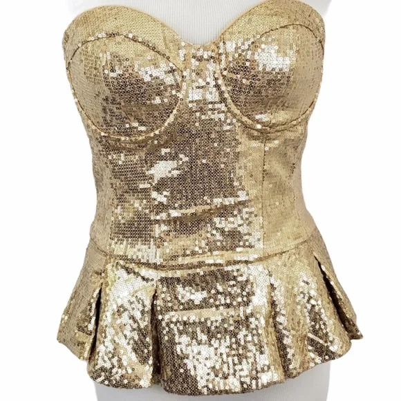 Bebe Gold Sequin Sparkly Strapless Peplum Top NWOT - Picture 6 of 15